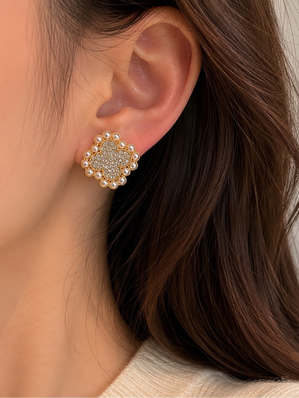 Sparkly clover and pearl stud earrings
